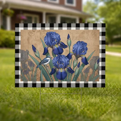 Blue Iris Flowers Bird Buffalo Check Border - Farmhouse Home Decor Gift Yard Sign