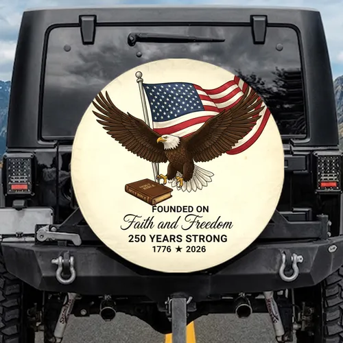 Bald Eagle American Flag Holy Bible - USA 250th Anniversary Independence Day Gift for Veterans Spare Tire Cover
