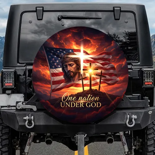 American Flag Glowing Cross Jesus Crucifixion - One Nation Under God Faith Gift Spare Tire Cover