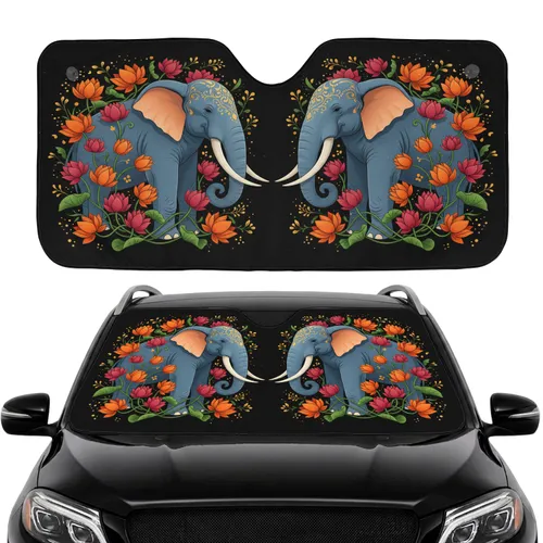 Majestic Mirrored Elephants Golden Lotus Emerald Leaves Car Interior Upgrade Gift Car Sunshade