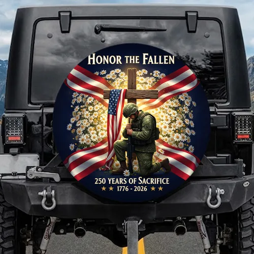 Kneeling Soldier American Flag Cross Daisies - USA 250th Anniversary Remembrance for Veterans Spare Tire Cover
