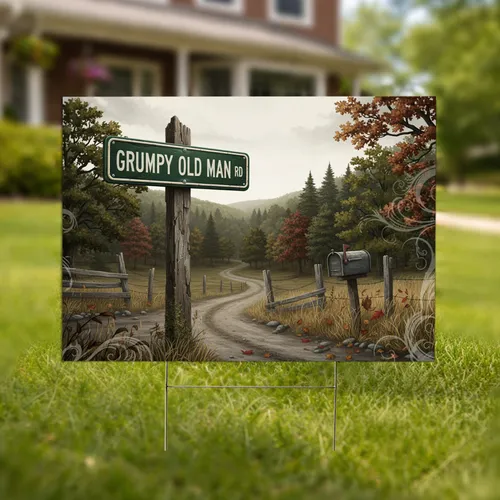 Grumpy Old Man Road Sign Rustic Country Landscape - Man Cave Home Decor Gift for Dad Yard Sign
