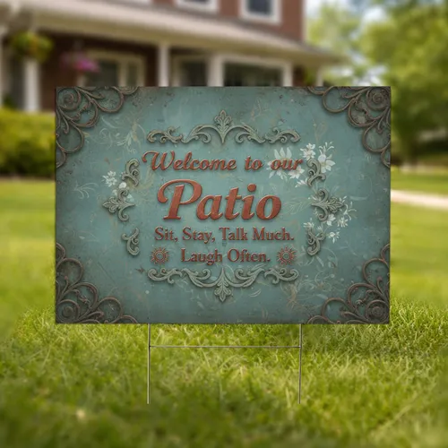 Welcome to Our Patio Ornate Scrollwork Garden Greenery - Outdoor Living Decor Yard Sign
