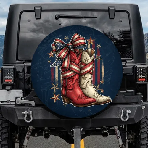 Rustic Cowboy Boots American Flag Bow - Independence Day Patriotic Home Decor Spare Tire Cover