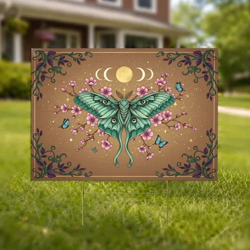 Luna Moth Pink Flowers Moon Phase - Nature Lover Garden Decor Gift Yard Sign