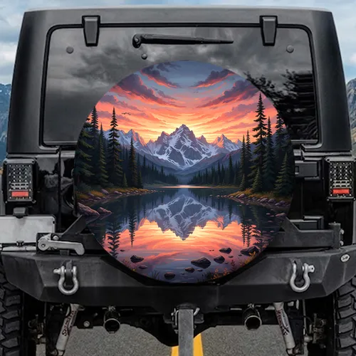 Mountain Lake Sunset Reflection Snow-Capped Peaks - Outdoor Adventure Gift Spare Tire Cover