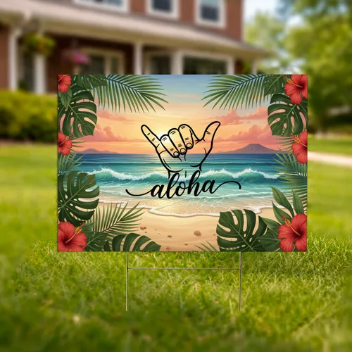 Shaka Hand Aloha Hawaiian Beach Sunset Tropical Home Decor Gift Yard Sign