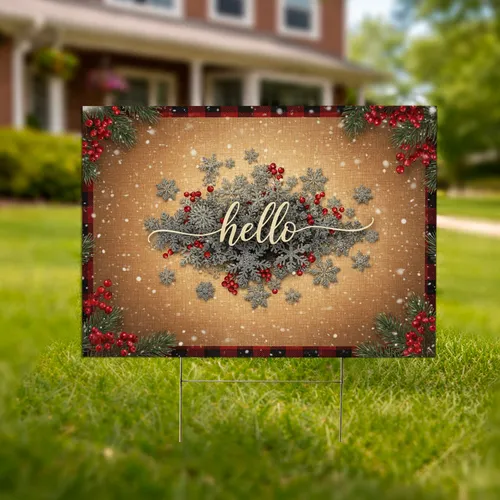 Hello Script Snowflakes Pine Branches Red Berries Plaid - Winter Holiday Home Decor Yard Sign