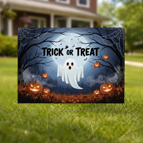 Trick or Treat Ghost Bats Pumpkins - Spooky Halloween Decor Yard Sign