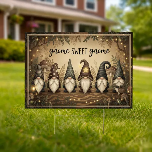 Gnome Home Garden Six Gnomes Forest Flora Mushrooms - Home Decor Gift for Gnome Lover Yard Sign