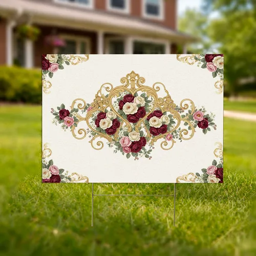 Opulent Gold Heart Frame Rose Bouquets Wildflower Garden - Home Decor Gift Yard Sign