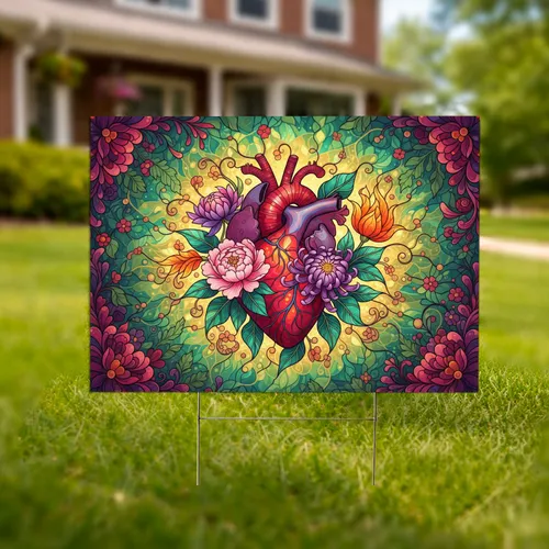 Stained Glass Anatomical Heart Botanical Floral - Garden Decor Gift Yard Sign