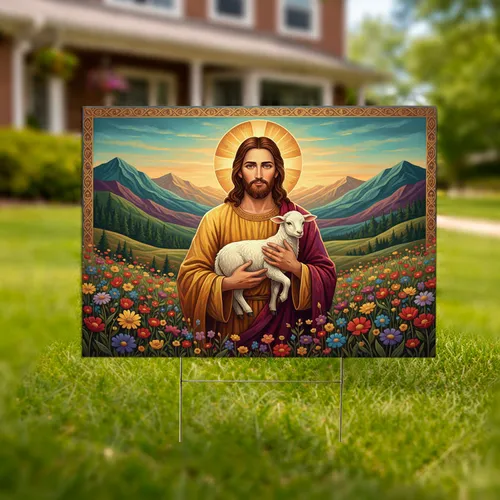 Jesus Cradling Lamb Wildflower Mountain - Christian Faith Home Decor Gift Yard Sign