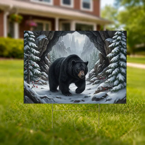 Black Bear Emerging from Cave Snowy Winter Forest - Wildlife Lover Home Decor Gift Yard Sign