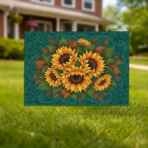 Sunflowers Quilted Autumn Foliage - Home Decor Gift Yard Sign