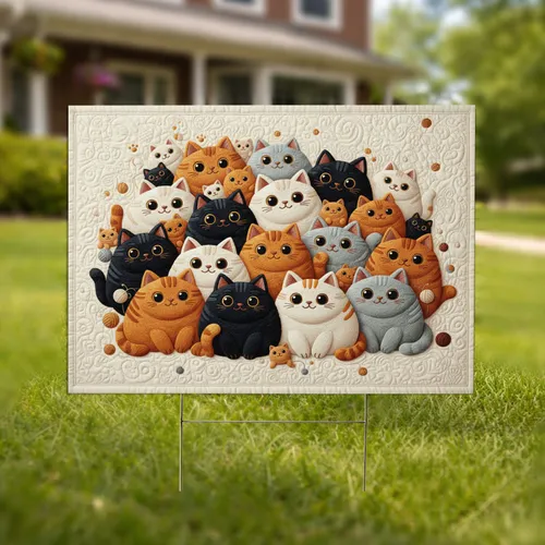 Dense Fluffy Round Cats Large Eyes Quilted Surface - Home Decor Gift for Cat Lover Yard Sign