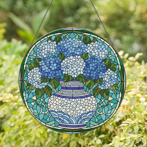 Lush Blue Hydrangea Bouquet Vase Greek Key Mosaic Wave Geometric Shapes - Home Decor Gift Stained Glass Suncatcher