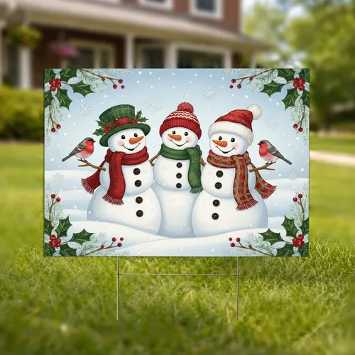 Snowmen Holly Berries Pine Boughs Winter Snowflakes Christmas Holiday Home Decor Yard Sign