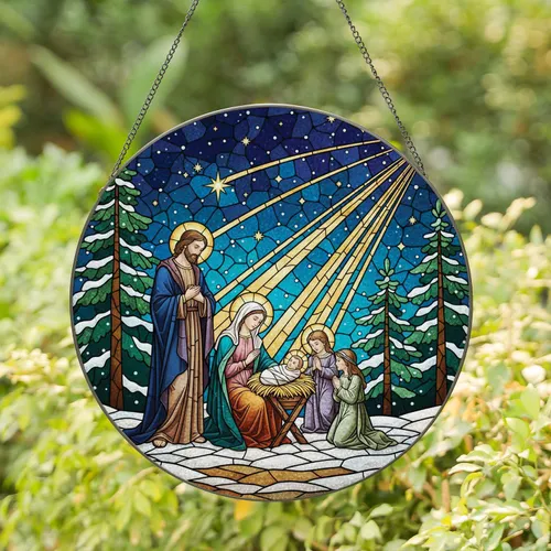 Christmas Nativity Scene Mary Jesus Joseph Pine Trees Golden Stars Home Decor Gift Stained Glass Suncatcher