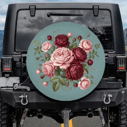 Deep Crimson Pink English Rose Blooms Botanical Garden - Vintage Floral Decor Gift Spare Tire Cover
