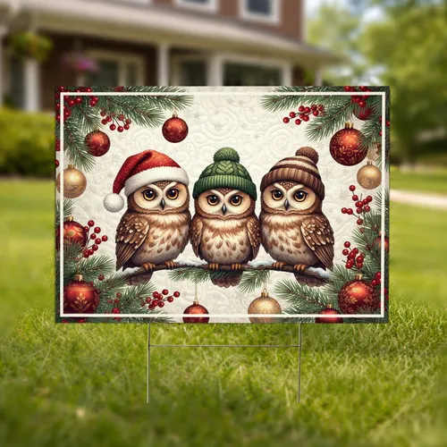 Owls Winter Hats Pine Branch Holly Berries Christmas Decor Yard Sign