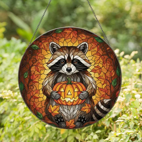 Smiling Jack-o'-Lantern Raccoon Autumn Leaves - Halloween Home Decor Gift for Wildlife Lover Stained Glass Suncatcher