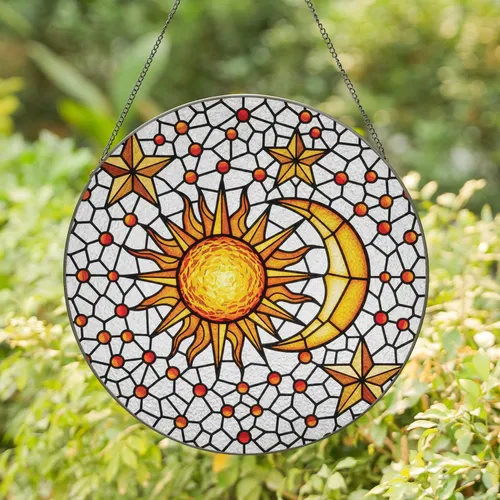 Luminous Radiant Sun Flamed Rays Graceful Crescent Moon Five Stars - Home Decor Gift Stained Glass Suncatcher