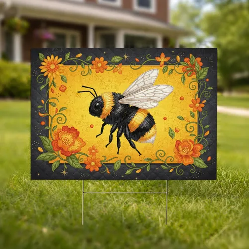 Quilted Bumblebee Floral Starburst Border - Wildlife Lover Home Decor Gift Yard Sign