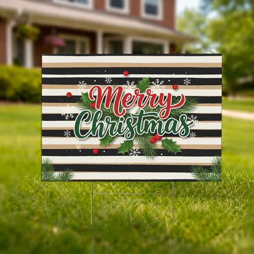 Merry Christmas Holly Leaves Snowflakes Evergreen Sprigs - Christmas Holiday Home Decor Yard Sign