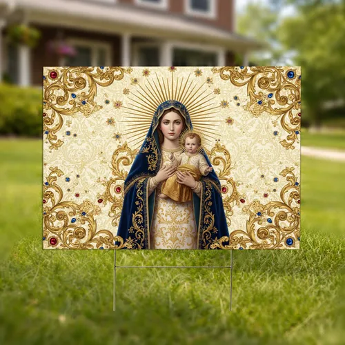 Virgin Mary Baby Jesus Gilded Floral Sunburst Cream Gold - Devotional Home Decor Gift Yard Sign