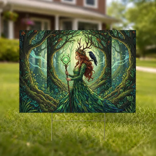 Deer Antler Spirit Woman Glowing Orb Raven - Woodland Decor Gift Yard Sign