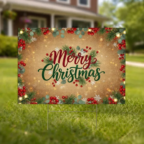 Merry Christmas Holly Pine Snowflakes Golden Lights - Rustic Holiday Decor Yard Sign