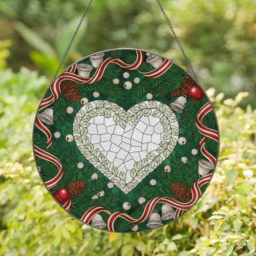 Heart Pine Branch Jingle Bell Ribbon - Christmas Holiday Decor Gift Stained Glass Suncatcher