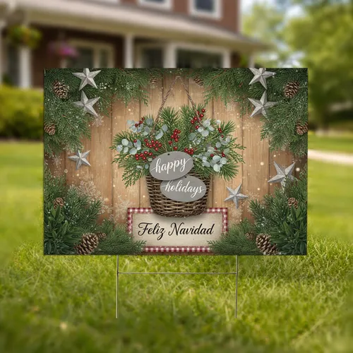 Feliz Navidad Hanging Basket Evergreen Garlands - Christmas Holiday Decor Yard Sign