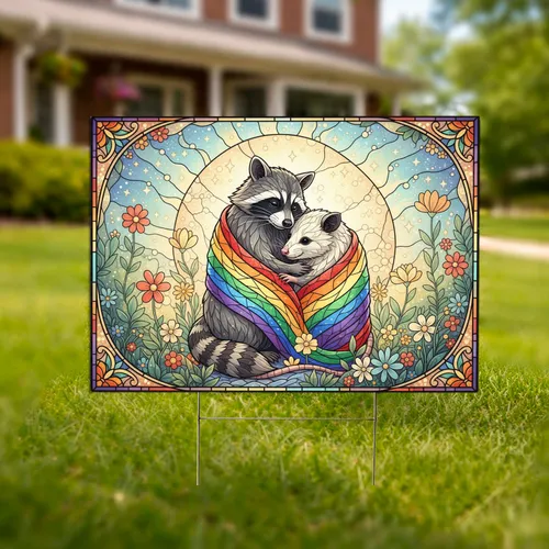 Raccoon Opossum LGBT Stained Glass Rainbow Blanket - Wildlife Lover Home Decor Gift Yard Sign