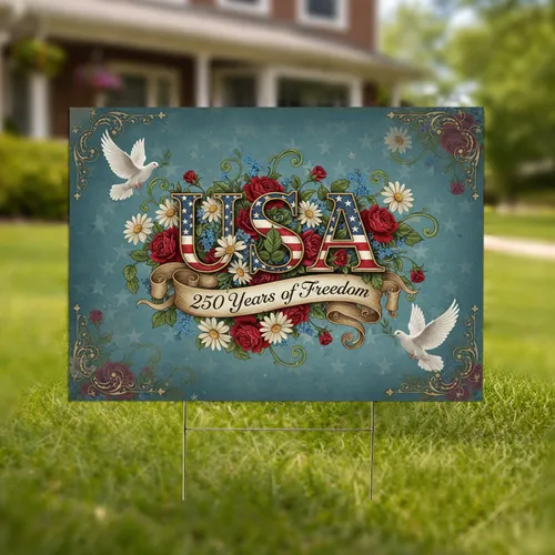 USA Patriotic Doves Roses - 250 Years of Freedom Independence Day Gift Yard Sign