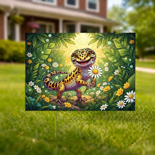Stained Glass Leopard Gecko Daisy - Reptile Lover Tropical Garden Gift Yard Sign