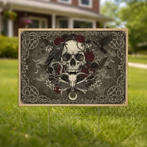 Ornate Skull Raven Gothic Scrollwork - Dark Academia Home Decor Gift Yard Sign