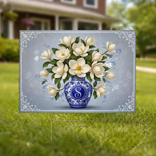 Magnolia Monogram S Blue White Vase Floral Blooms - Home Decor Gift Yard Sign