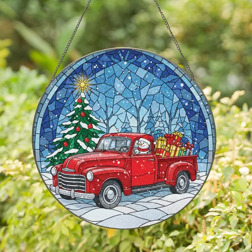 Vintage Red Pickup Truck Christmas Gifts Snowman - Winter Holiday Home Decor Stained Glass Suncatcher