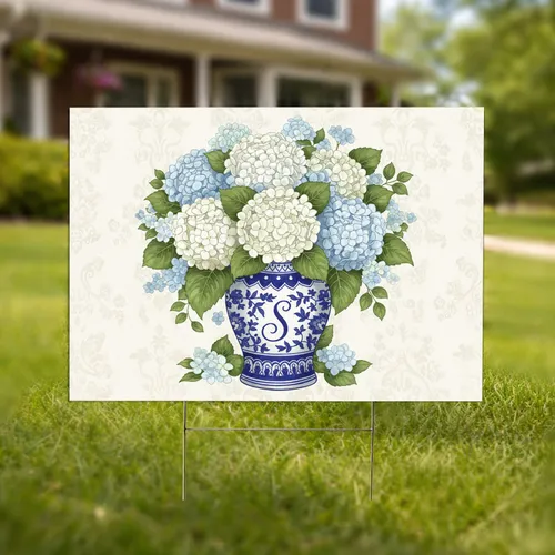 Chinoiserie Ginger Jar Hydrangea Bouquet Custom Letter Monogram Green Leaves - Home Decor Gift Yard Sign
