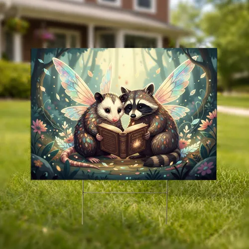 Prismatic Opossum Raccoon Fairy Wings Storybook - Enchanted Forest Home Decor Gift Yard Sign