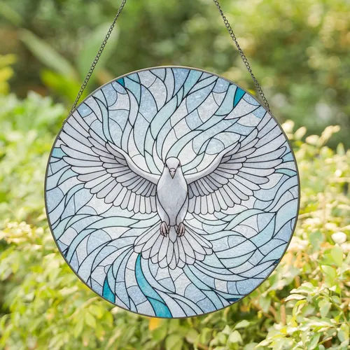 White Dove Widespread Wings Sky Blue Swirls Radiating Light - Home Decor Gift for Bird Lovers Stained Glass Suncatcher
