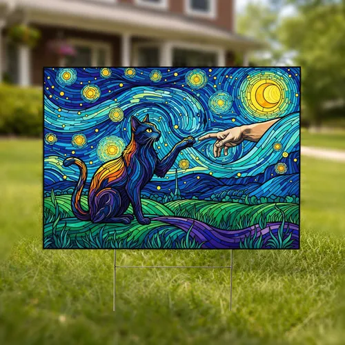Black Cat Reaching Hand Celestial Sky - Art Lover Home Decor Gift Yard Sign
