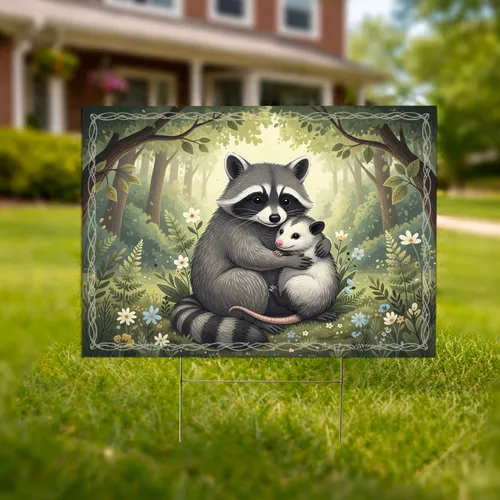 Grey Raccoon Opossum Wildlife Forest Glade Wildflowers - Animal Lover Home Decor Gift Yard Sign