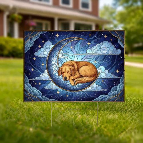 Golden Retriever Sleeping Crescent Moon Luminous Stars - Peaceful Celestial Dog Lover Gift Yard Sign