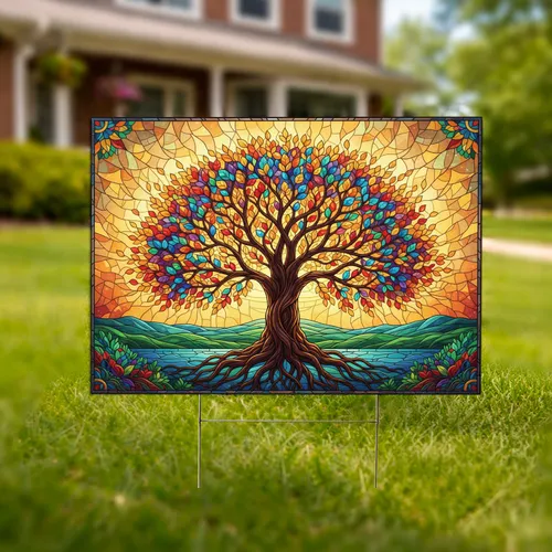 Tree of Life Stained Glass Scenic Landscape - Spiritual Nature Home Decor Gift Yard Sign