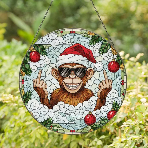 Monkey Santa Hat Sunglasses Christmas Decor - Holiday Gift for Primate Lover Stained Glass Suncatcher