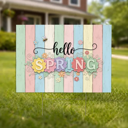 hello SPRING Floral Letters Bee Rustic Wood Planks - Spring Season Home Decor Yard Sign