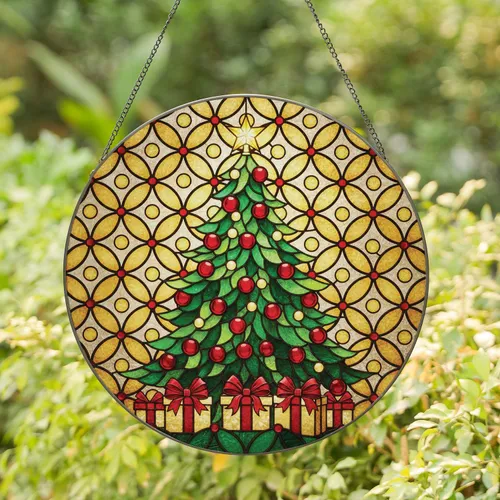 Green Christmas Tree Golden Star Red Baubles Presents - Christmas Holiday Home Decor Gift Stained Glass Suncatcher